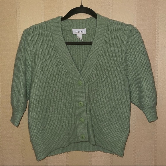 MONKI Light Green Sage Puffy Sleeve Button Down Knit Top - Picture 3 of 10